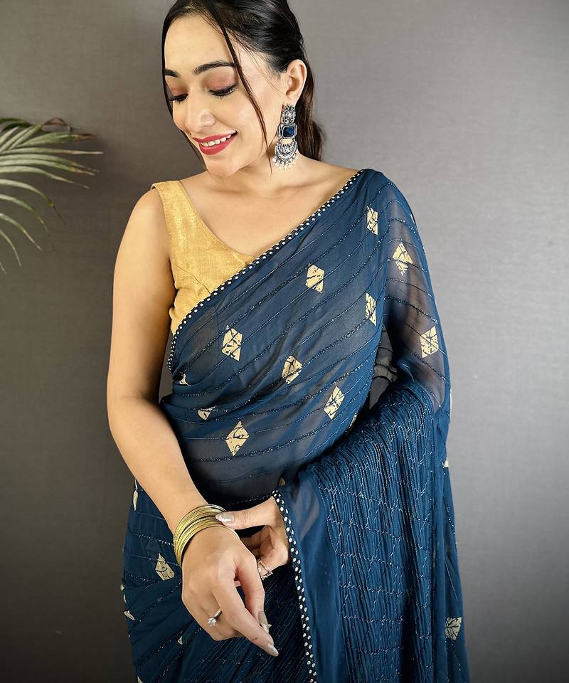 blue georgette saree blue polka dot pattern saree with unstitched blouse