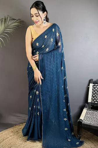 blue georgette saree blue polka dot pattern saree with unstitched blouse