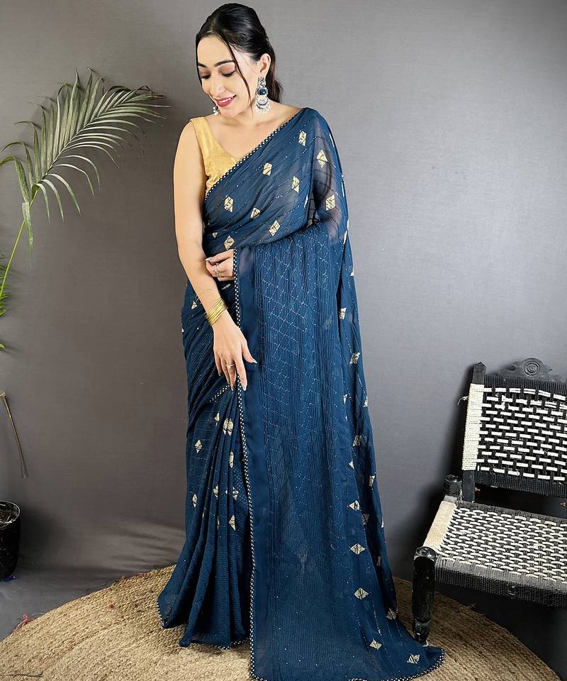 blue georgette saree blue polka dot pattern saree with unstitched blouse