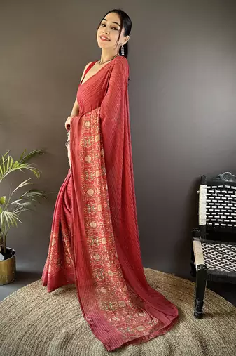 red georgette   red attractive foil print saree with unstitched blouse