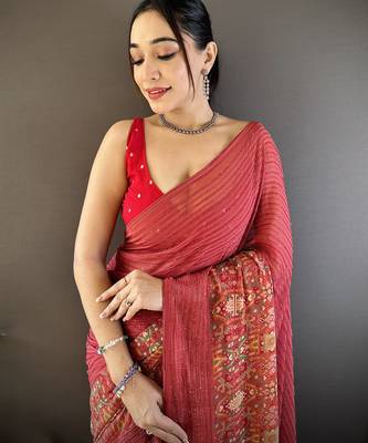 red georgette  red attractive foil print saree with unstitched blouse 3