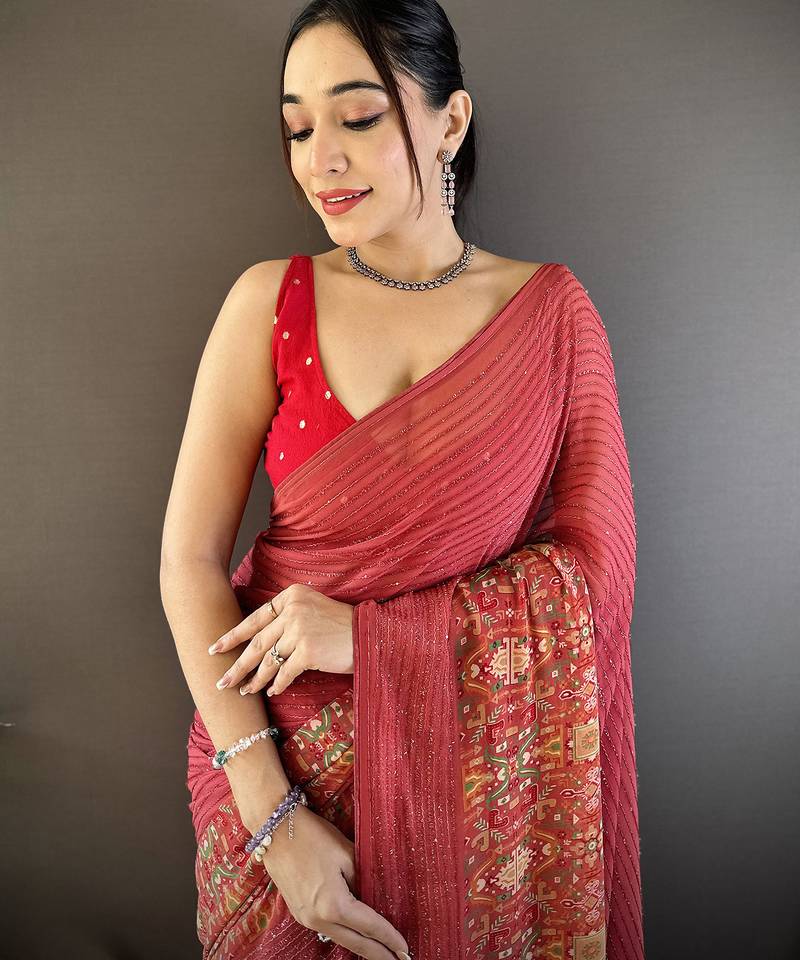 red georgette   red attractive foil print saree with unstitched blouse