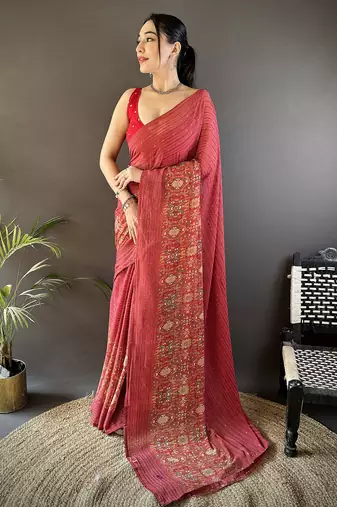 red georgette   red attractive foil print saree with unstitched blouse