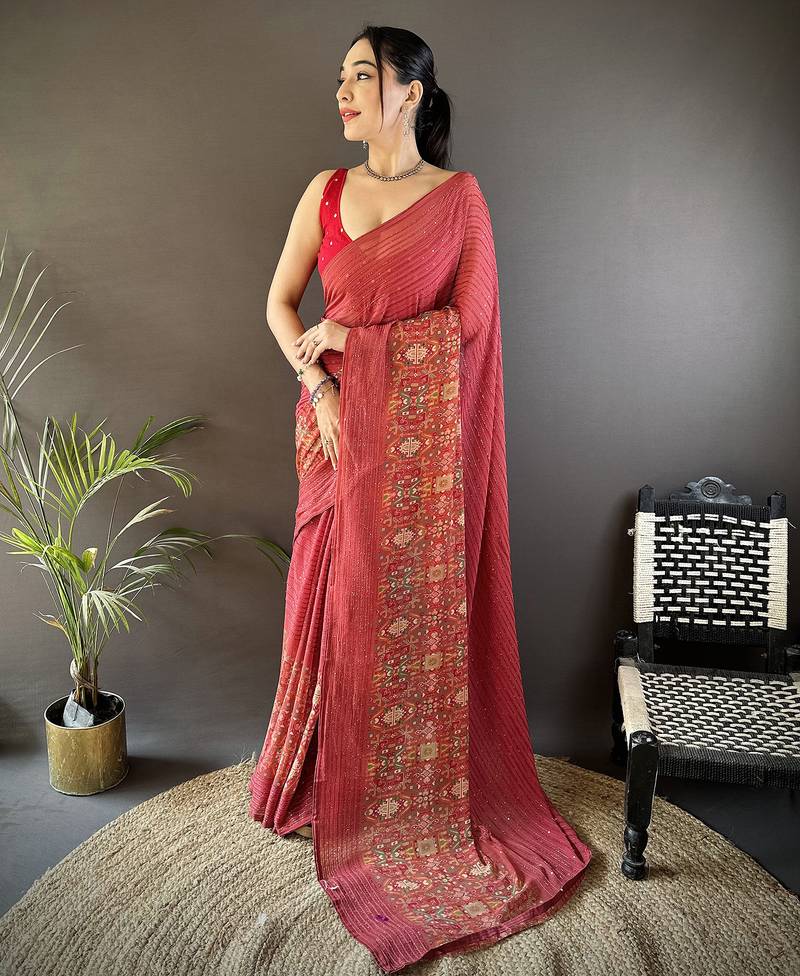 red georgette   red attractive foil print saree with unstitched blouse