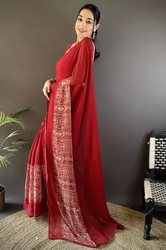 red georgette royal red attractive foil print saree with unstitched blouse