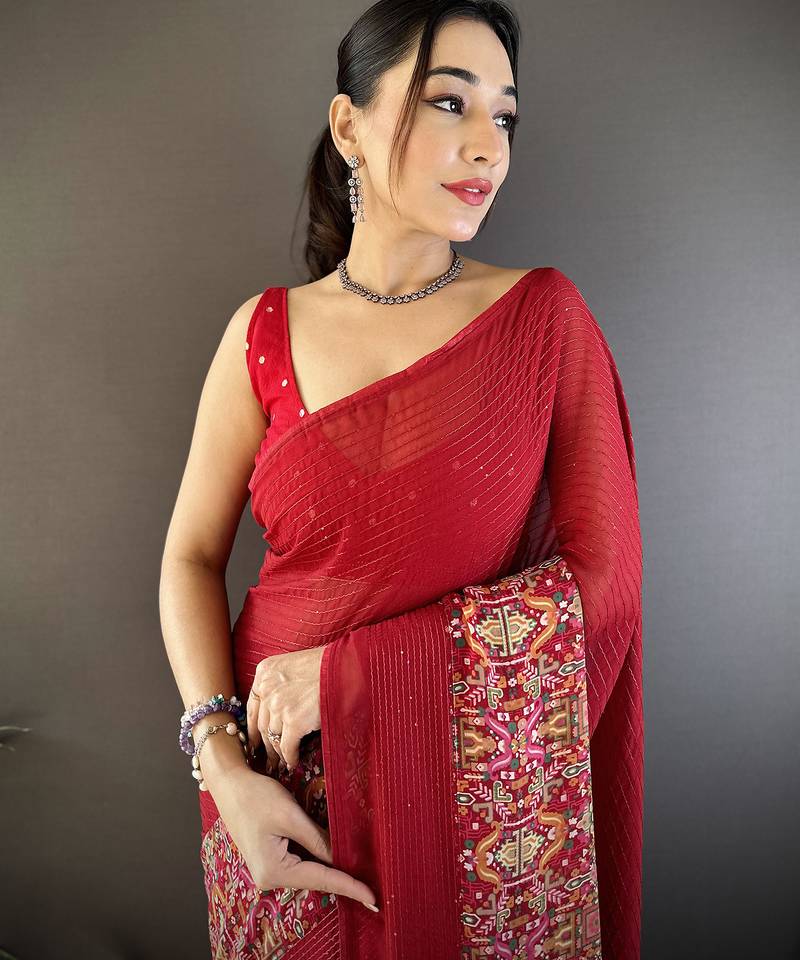 red georgette royal red attractive foil print saree with unstitched blouse