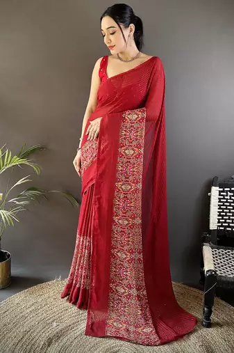 red georgette royal red attractive foil print saree with unstitched blouse