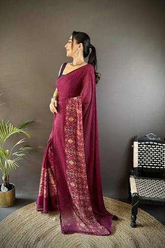wine georgette wine   attractive foil print saree with unstitched blouse