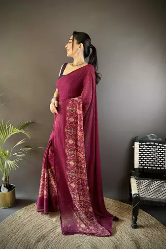 wine georgette wine   attractive foil print saree with unstitched blouse