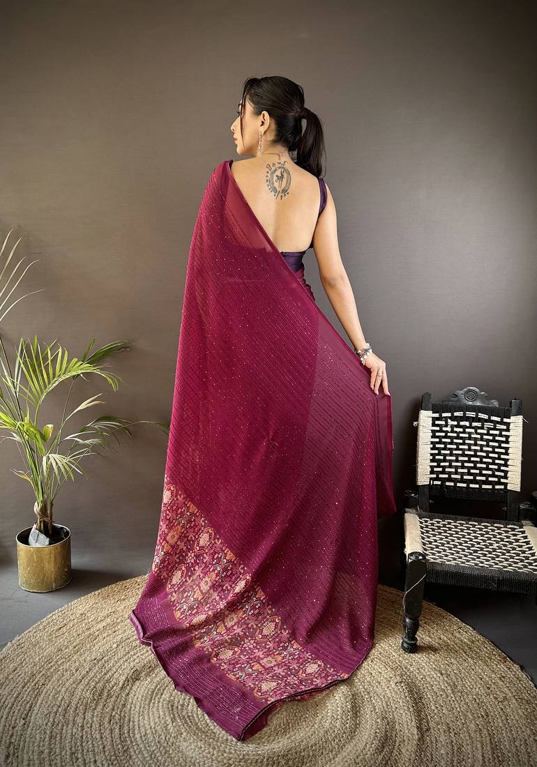 wine georgette wine   attractive foil print saree with unstitched blouse