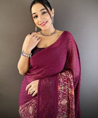 wine georgette wine  attractive foil print saree with unstitched blouse 3