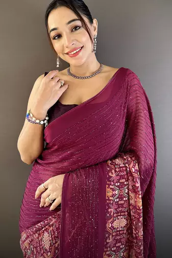 wine georgette wine  attractive foil print saree with unstitched blouse