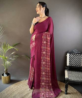 wine georgette wine  attractive foil print saree with unstitched blouse 5