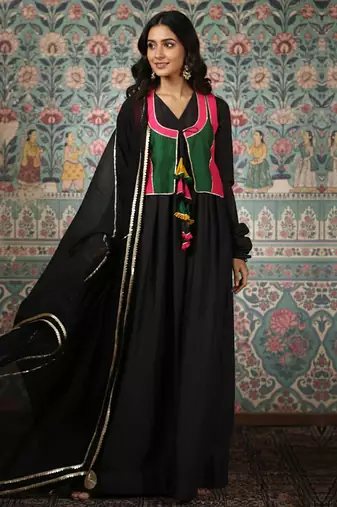 Black vichitra jacket set organza dupatta