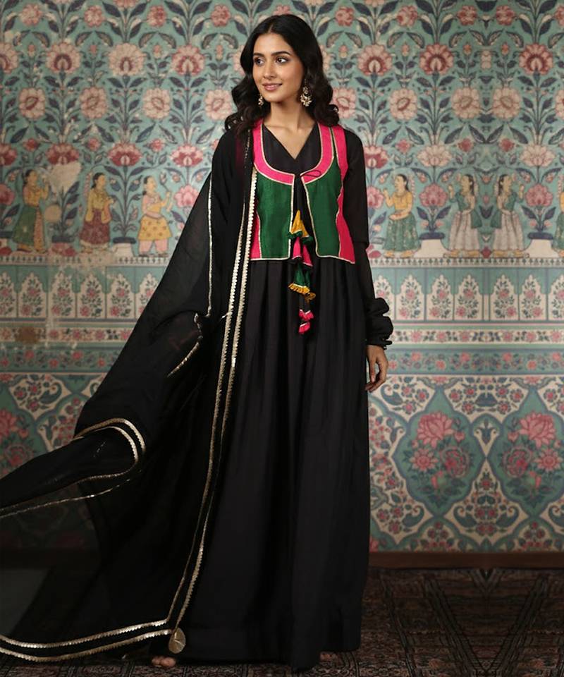 Black vichitra jacket set organza dupatta