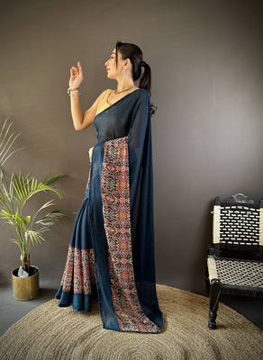 blue georgette blue attractive foil print saree with unstitched blouse 1