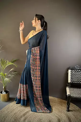 blue georgette blue attractive foil print saree with unstitched blouse