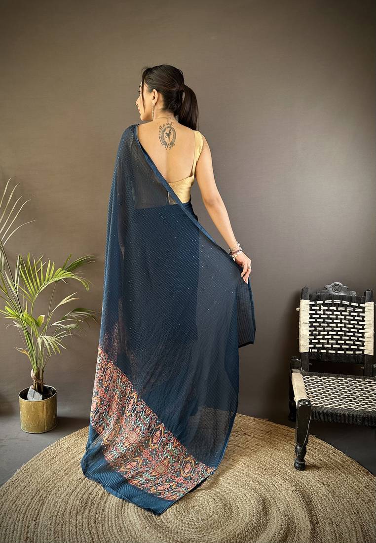 blue georgette blue attractive foil print saree with unstitched blouse