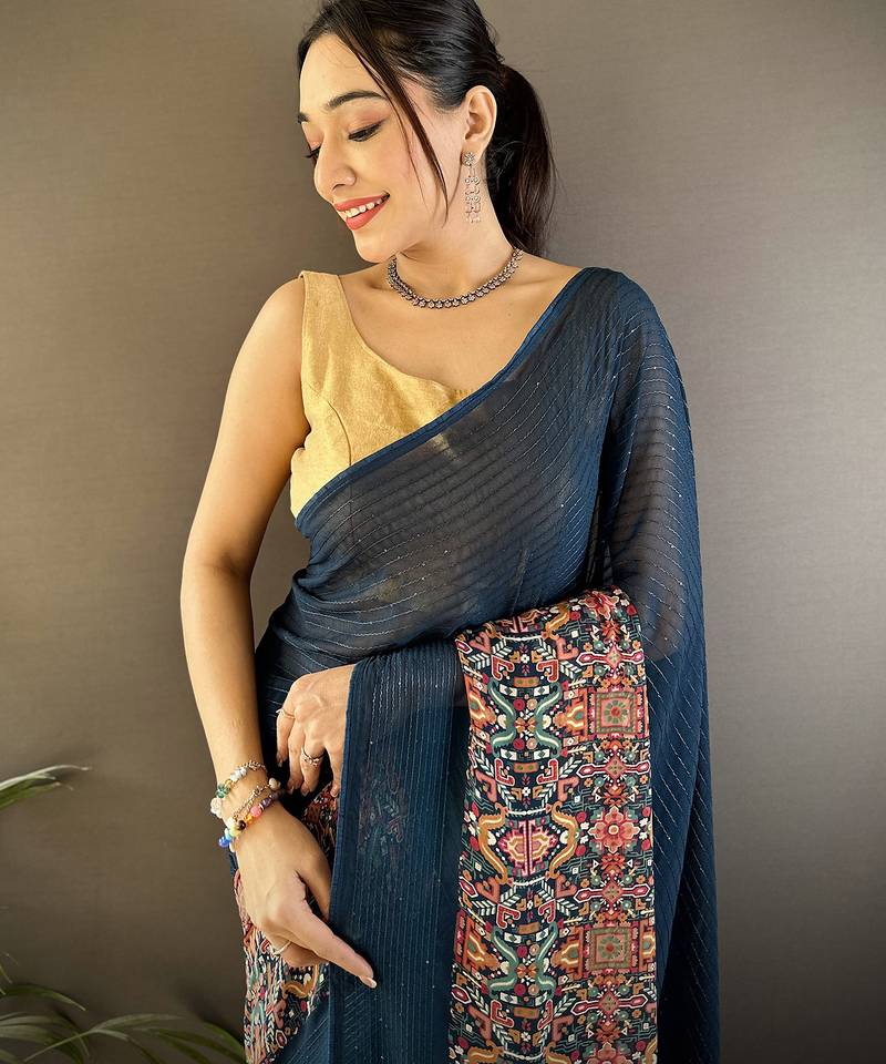 blue georgette blue attractive foil print saree with unstitched blouse