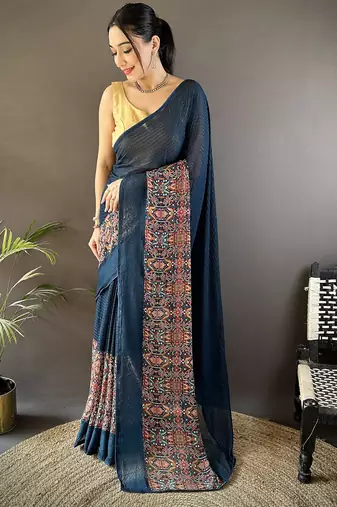 blue georgette blue attractive foil print saree with unstitched blouse