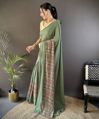 mehendi georgette mehendi green attractive foil print saree with unstitched blouse 1