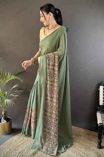 mehendi georgette mehendi green attractive foil print saree with unstitched blouse