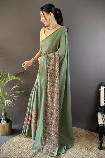 mehendi georgette mehendi green attractive foil print saree with unstitched blouse