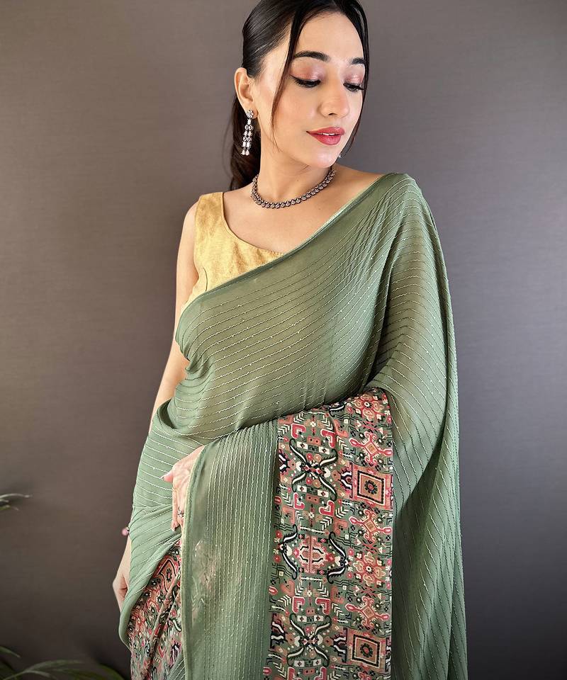 mehendi georgette mehendi green attractive foil print saree with unstitched blouse