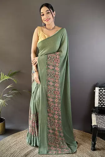 mehendi georgette mehendi green attractive foil print saree with unstitched blouse