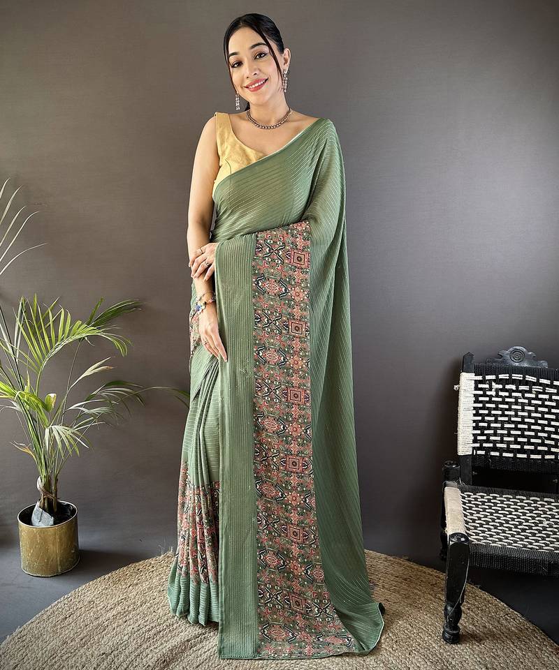 mehendi georgette mehendi green attractive foil print saree with unstitched blouse