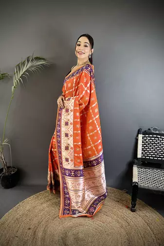 orange banarasi silk blend orange motifs inspired by nature saree with unstitched blouse