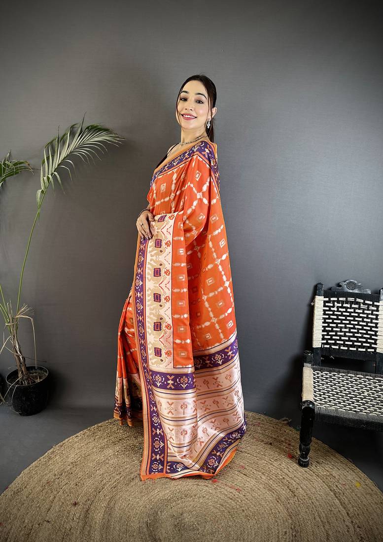 orange banarasi silk blend orange motifs inspired by nature saree with unstitched blouse