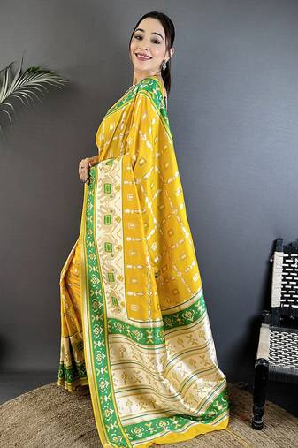 yellow banarasi silk blend yellow   motifs inspired by nature saree with unstitched blouse