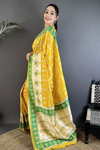 yellow banarasi silk blend yellow   motifs inspired by nature saree with unstitched blouse
