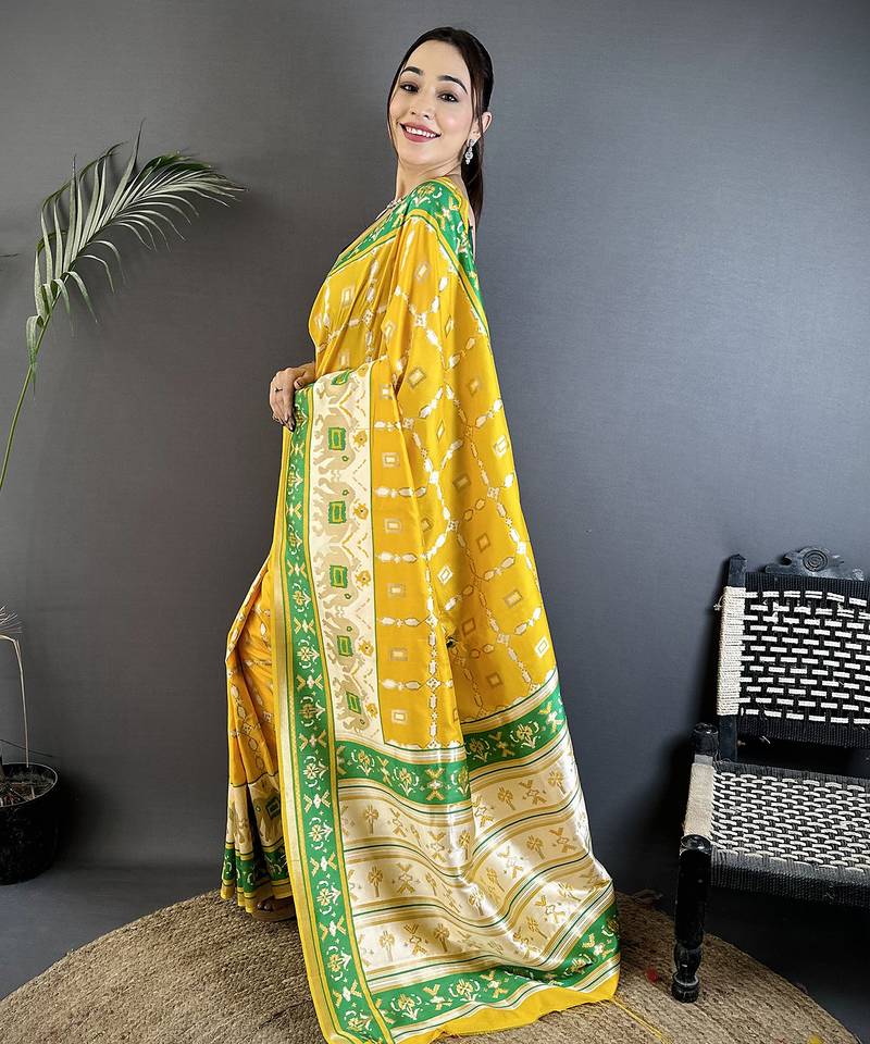 yellow banarasi silk blend yellow   motifs inspired by nature saree with unstitched blouse