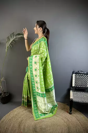 green banarasi silk blend pear green motifs inspired by nature saree with unstitched blouse