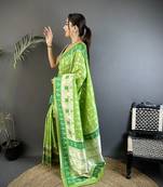 green banarasi silk blend pear green motifs inspired by nature saree with unstitched blouse