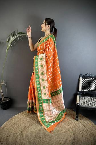 orange banarasi silk blend orange motifs inspired by nature saree with unstitched blouse