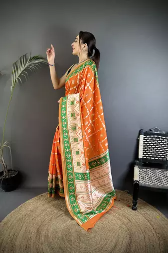 orange banarasi silk blend orange motifs inspired by nature saree with unstitched blouse