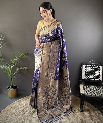 blue banarasi soft lichi silk blend royal blue floral and zari pattern saree with unstitched blouse 1