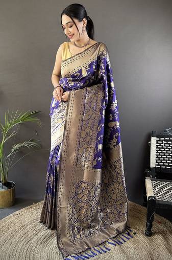 blue banarasi soft lichi silk blend royal blue floral and zari pattern saree with unstitched blouse