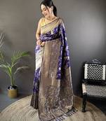 blue banarasi soft lichi silk blend royal blue floral and zari pattern saree with unstitched blouse