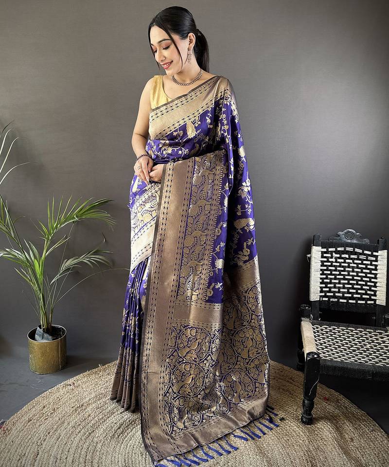 blue banarasi soft lichi silk blend royal blue floral and zari pattern saree with unstitched blouse