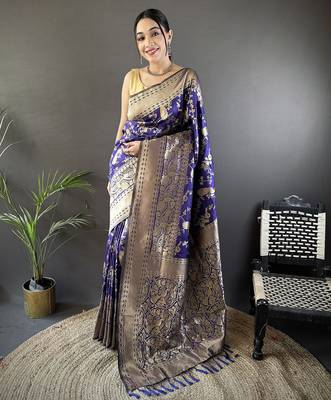 blue banarasi soft lichi silk blend royal blue floral and zari pattern saree with unstitched blouse 5