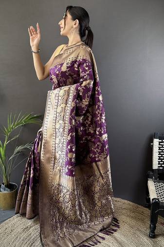 purple banarasi soft lichi silk blend dark purple floral and zari pattern saree with unstitched blouse