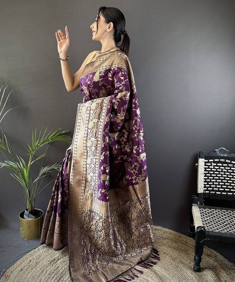 purple banarasi soft lichi silk blend dark purple floral and zari pattern saree with unstitched blouse