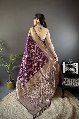purple banarasi soft lichi silk blend dark purple floral and zari pattern saree with unstitched blouse 2