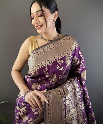 purple banarasi soft lichi silk blend dark purple floral and zari pattern saree with unstitched blouse 3
