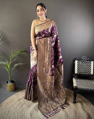 purple banarasi soft lichi silk blend dark purple floral and zari pattern saree with unstitched blouse 5