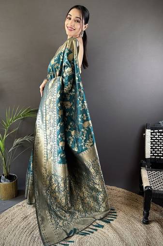 blue banarasi soft lichi silk blend teal blue floral and zari pattern saree with unstitched blouse